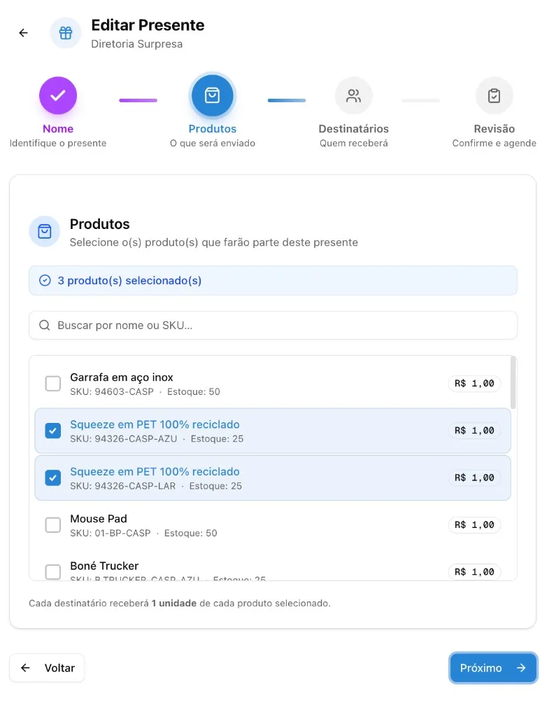 Revisão do wizard de presente — nome, 2 produtos, 2 destinatários