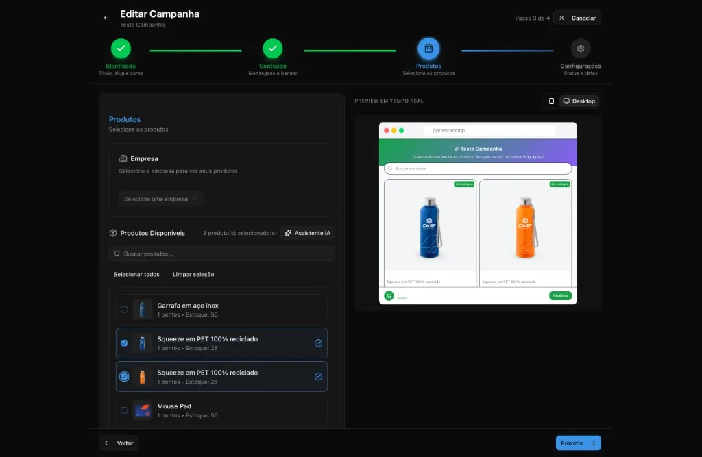 Tela de produtos da campanha