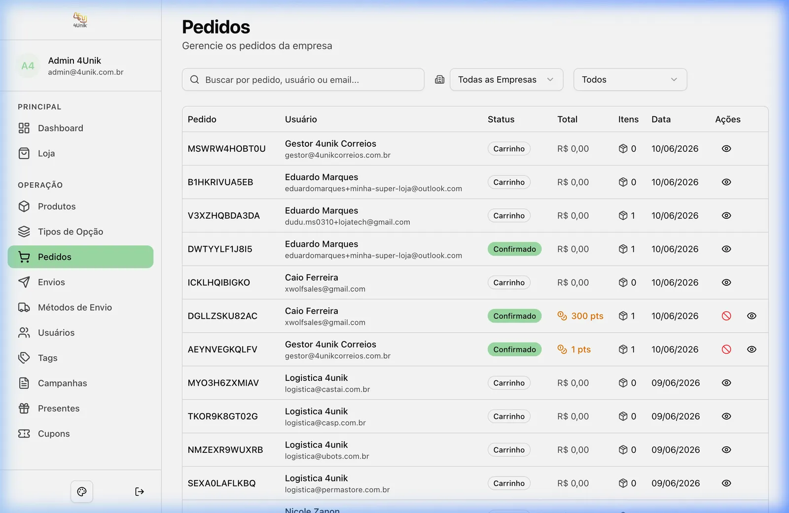 Pedidos e envios