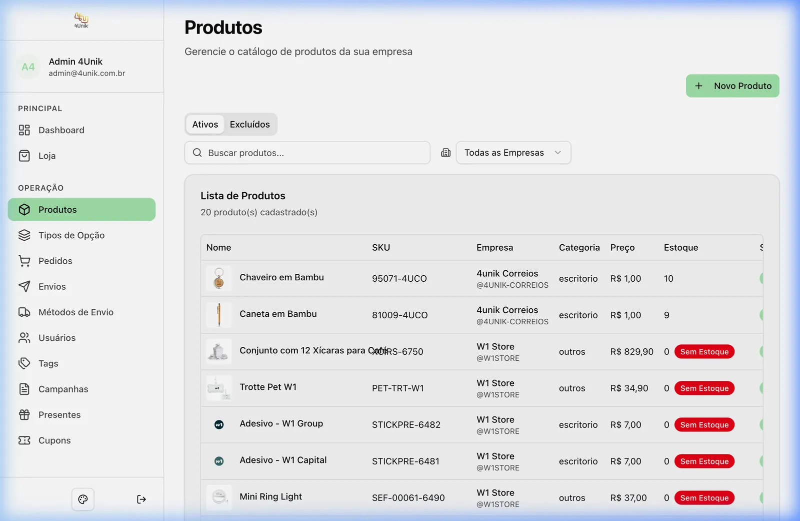 Catálogo de produtos no painel
