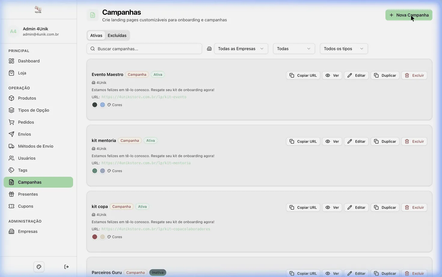 Preview em screenshot do fluxo “Criar campanha”